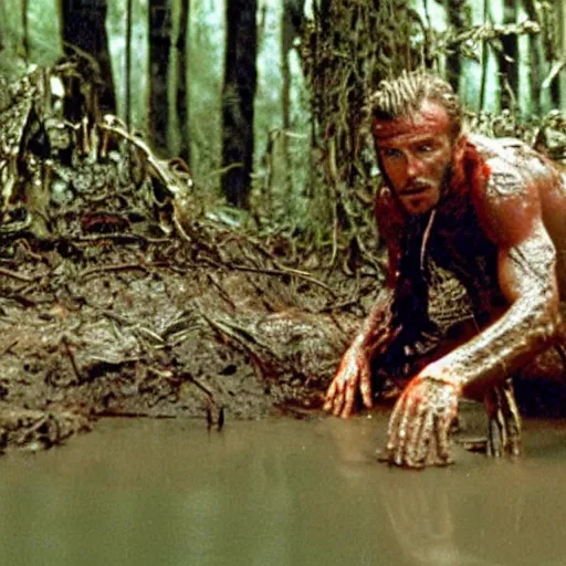 Image similar to cinematic still of david beckham, covered in mud and watching a predator in a swamp in 1 9 8 7 movie predator, hd, 4 k