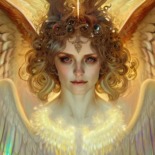 Prompt: Winged girl angel covered in eyes with blonde hair and glowing halo, iridescent, seraphim, fantasy, intricate, elegant, highly detailed, digital painting, artstation, concept art, smooth, sharp focus, illustration, art by Krenz Cushart and Artem Demura and alphonse mucha