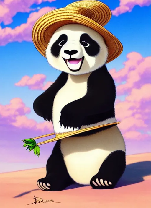 Image similar to cute panda wearing straw hat trading card design, natural lighting, path traced, highly detailed, high quality, digital painting, by don bluth and ross tran and studio ghibli and alphonse mucha, artgerm