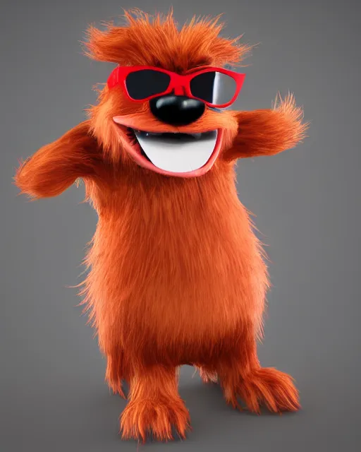 Image similar to 3 d render of completely red hairy friendly creature smiling wearing chrome shades, full body, simple, cute, white background, unreal engine 5 hdr