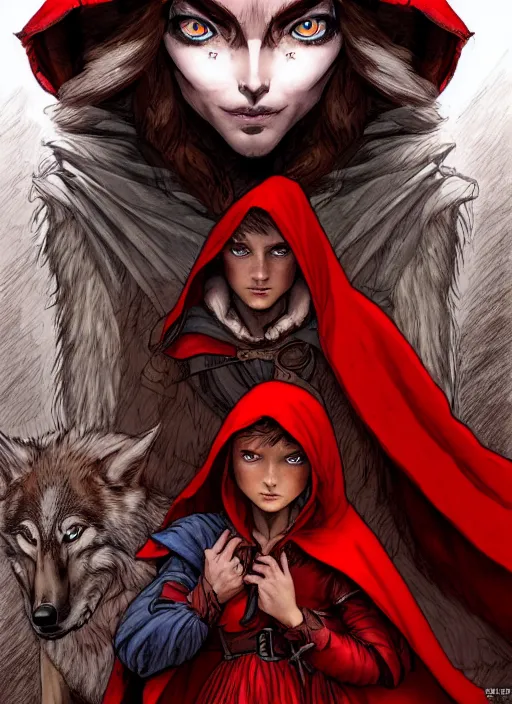 Prompt: digital _ picture _ little red riding hood and the wolf _ red cloak _ wonderful eyes _ philippe _ poles _ and _ justin _ gerard _ symmetrical _ fantasy _ very _ detailed _ realistic _ complex _ clear focus