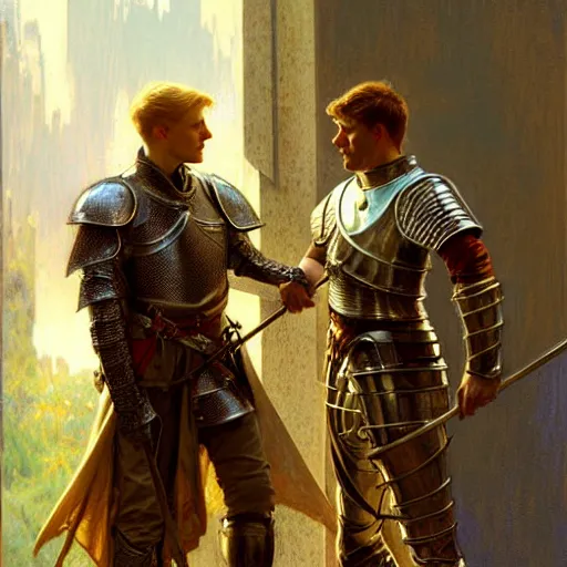 Image similar to attractive arthur pendragon and his attractive male knight, they are in love, natural lighting, path traced, highly detailed, high quality, digital painting, by gaston bussiere, craig mullins, alphonse mucha j. c. leyendecker