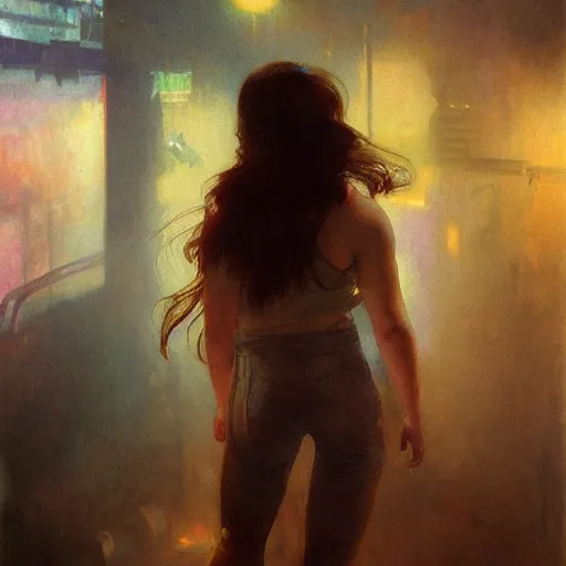 Image similar to kaitlyn dever, hyperrealistic full figure, bladerunner street alley, art of elysium by frank frazetta and by jeremy mann and by alphonse mucha, fantasy art, photo realistic, dynamic lighting, artstation, full figure poster, volumetric lighting, very detailed face, 4 k, award winning