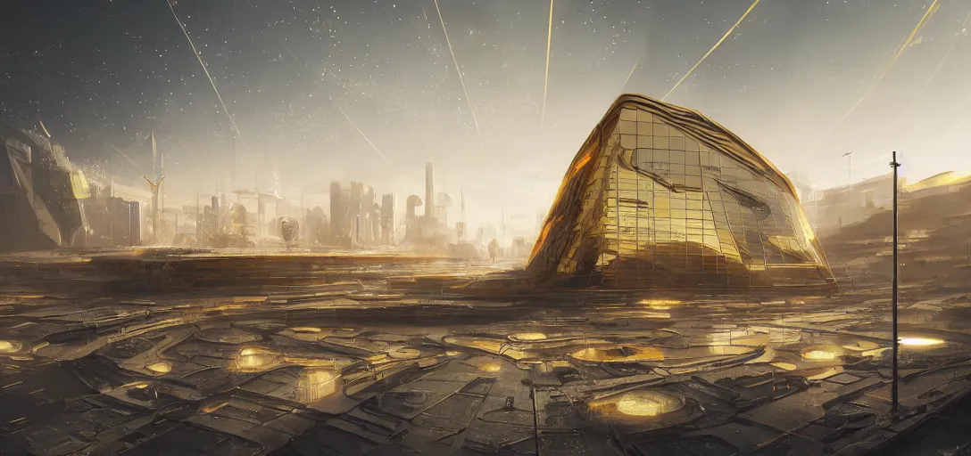 Image similar to futuristic shinny golden building in an abandoned landscape of a solarpunk city by wlop