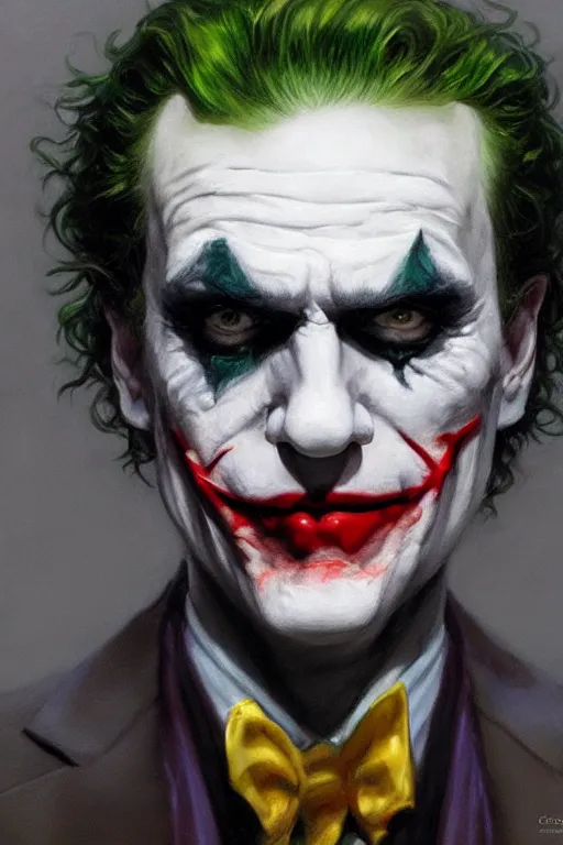 Prompt: The Joker, closeup character portrait art by Donato Giancola, Craig Mullins, digital art, trending on artstation