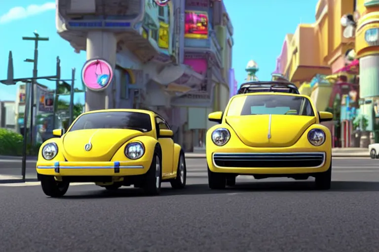 Image similar to a wholesome animation key shot of!! one!! focused!! vw beetle superbug!! in shiny reflective stainless steel, in a las vegas street, medium shot, studio ghibli, ( pixar ) and disney animation, sharp, very detailed, high resolution, rendered in unreal engine 5, anime key art by greg rutkowski, bloom, dramatic lighting