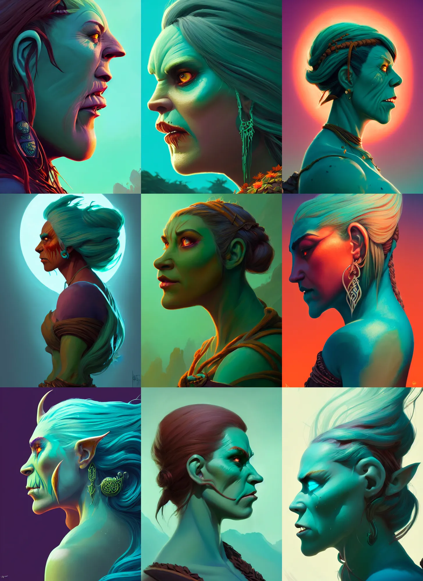 Prompt: side profile centered painted portrait, female teal orc forest druid, d & d, gloomhaven, matte painting concept art, art nouveau, beautifully backlit, swirly vibrant color lines, fantastically gaudy, aesthetic octane render, 8 k hd resolution, by ilya kuvshinov and cushart krentz and gilleard james
