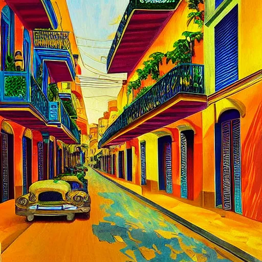 Image similar to art nouveau painting of streets of Havana, Cuba, colorful, beautiful, diverse, golden hour