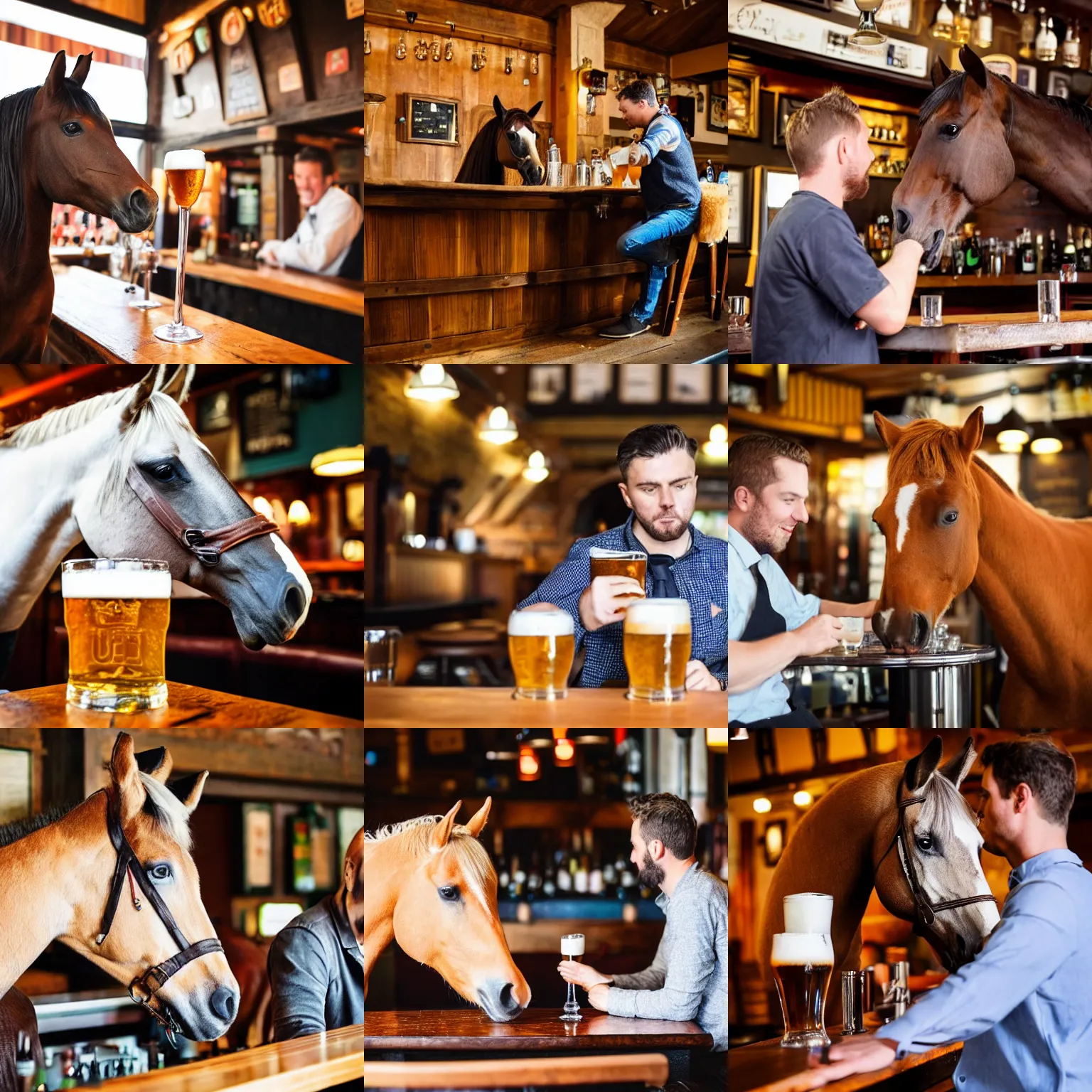 Prompt: a horse sitting in a bar drinking a pint with a barman