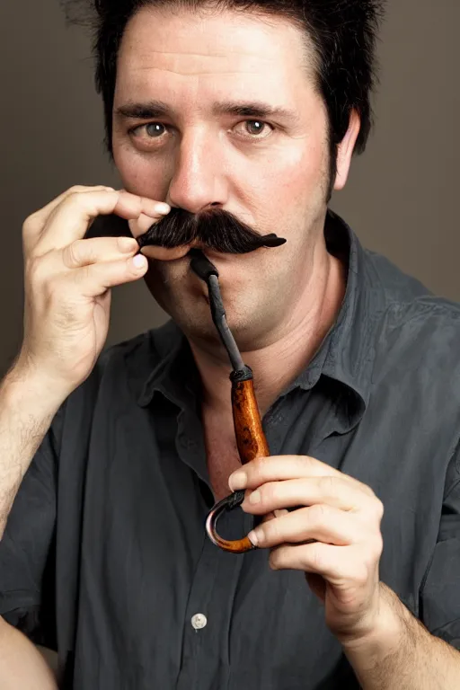 Prompt: mark mann photography, a male portrait, black hair, moustache, smoking a pipe