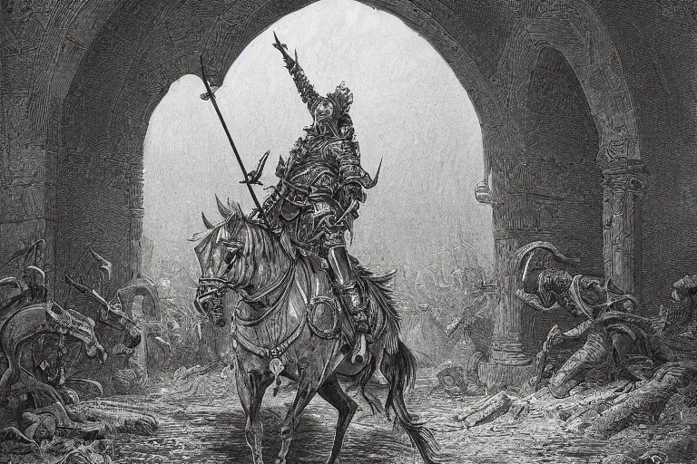 Prompt: highly detailed painting of the gate - in the shape of a book, don quixote runs out, symmetrical, masterpiece, highly detailed painting by gustave dore