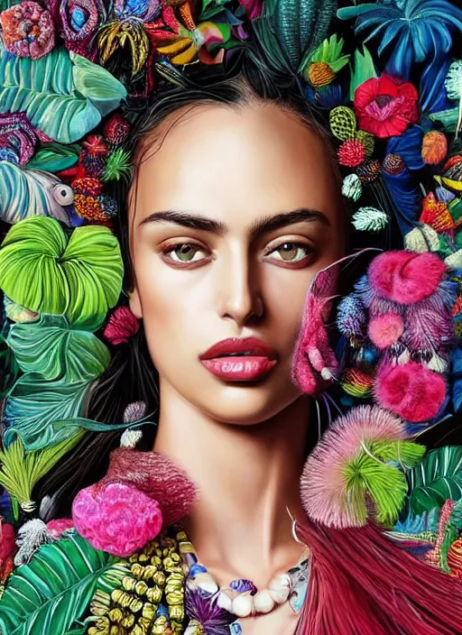 Image similar to beautiful portrait of Irina Shayk wearing fantastic Hand-dyed cotton dress, embellished beaded feather decorative fringe knots ,colorful pigtail,subtropical flowers and plants,symmetrical face,intricate,elegant, highly detailed, 8k,post-processing,digital painting, trending on pinterest, GUCCI,PRADA,concept art, sharp focus, illustration, by artgerm,Tom Bagshaw,Lawrence Alma-Tadema,greg rutkowski,alphonse Mucha