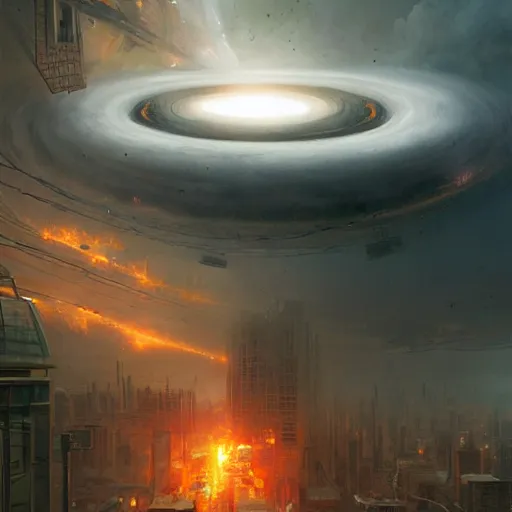 Image similar to black hole rising above city, city destroyed by shockwave, black hole with accretion disс, digital art, art by stefan koidl, brock hofer, marc simonetti