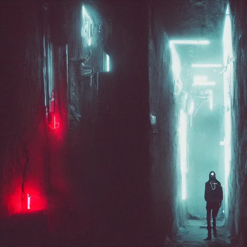 Image similar to a person in a dark tunnel with a light on, cyberpunk art by Elsa Bleda, trending, light and space, dystopian art, futuristic, circuitry