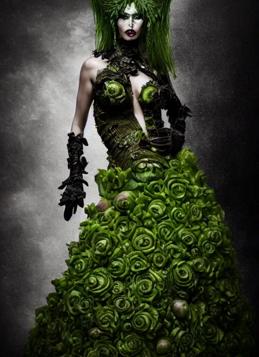 Image similar to expressive full body photo of demoness, dress made of cabbages, glamour shot, by karol bak, stefan gesell, photorealistic, nikon d 4 x, fashion photography, hyper maximalist, elegant, ornate, luxury, elite, environmental portrait, symmetrical features, octane render, unreal engine, solid dark grey background, dramatic lights