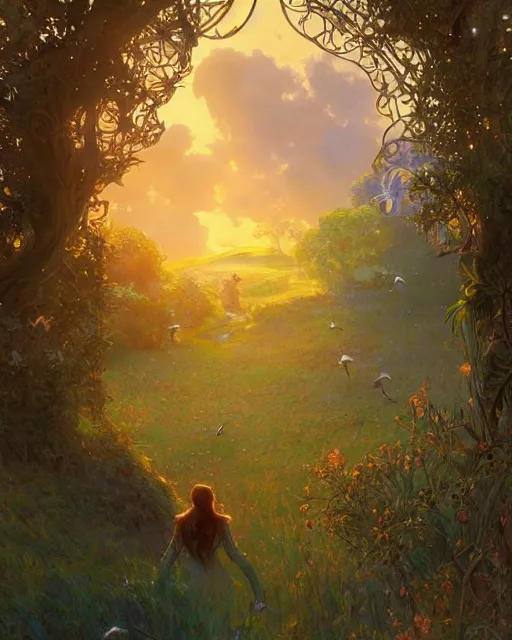 Prompt: the shire at sun rise with birds, highly detailed, gold filigree, romantic storybook fantasy, soft cinematic lighting, award, disney concept art watercolor illustration by mandy jurgens and alphonse mucha and alena aenami, pastel color palette, featured on artstation