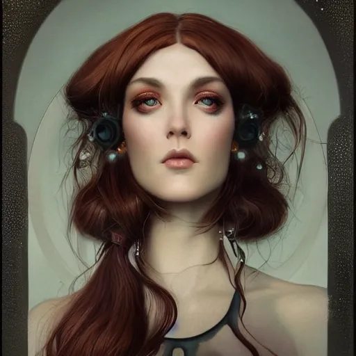 Image similar to tom bagshaw portrait, very beautiful dollpunk in a full dress and long thin lustrous auburn hair, professionally retouched, ultra realistic soft painting, perfectly detailed linework, symmetrical accurate intricate features, behance, focus