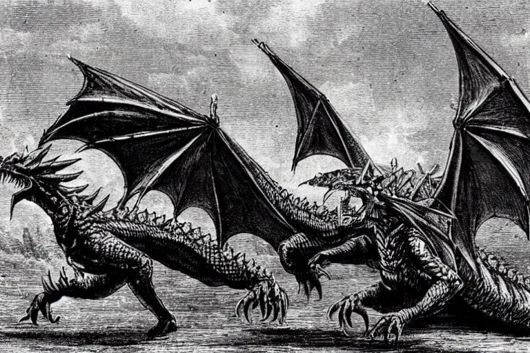 Prompt: an very old photo of a dragon attacking in the mediaval times