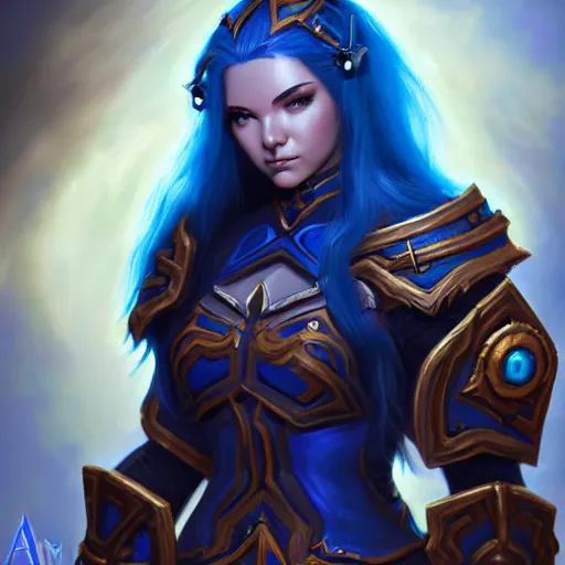 Prompt: a portrait of a very beautiful female mage in armor warcraft style armor, blue hair, bored, illustration, soft lighting, soft details, painting oil on canvas by mark arian by artgerm, trending on artstation, 4k, 8k, HD