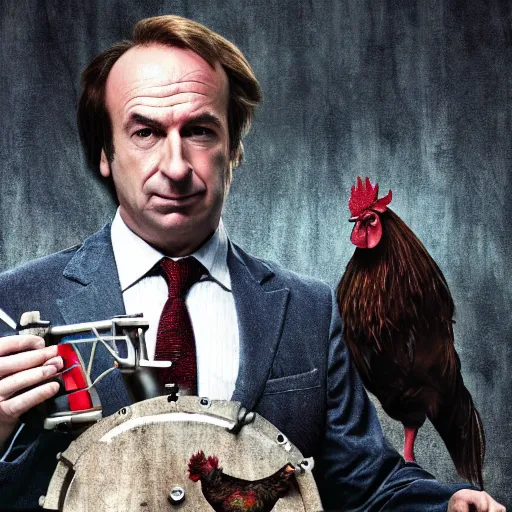 Image similar to saul goodman and a rooster in a saw movie torture chamber, saw movie jigsaw background, saul goodman, rooster, photo