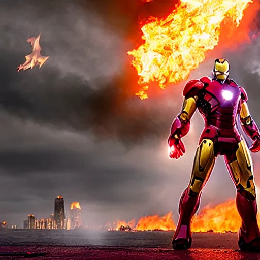 Prompt: < photo hd stunning reimagined mood = gritty, dark gaze = camera, threatening > iron man shooting flames from his hands, burning city in the background < / photo >