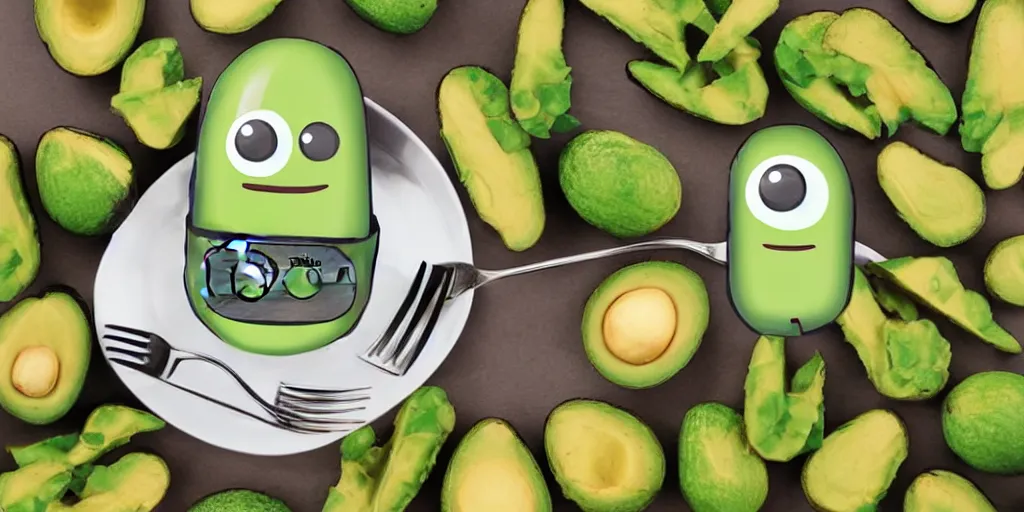 Image similar to cute little smiling avocado robot with cute eyes and forks instead of arms, logo style