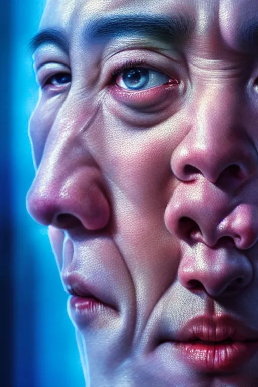 Image similar to hyperrealistic close-up pastel postmodern exoskeleton! chinese man highly detailed concept art eric zener elson peter cinematic hard blue lighting high angle hd 8k sharp shallow depth of field