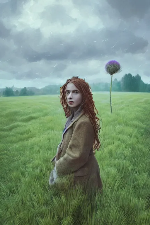 Prompt: portrait, enormous thistle flower as head, girl wearing coat in field, surreal photography, wind, cloudy sky, dramatic light, impressionist painting, digital painting, artstation, simon stalenhag