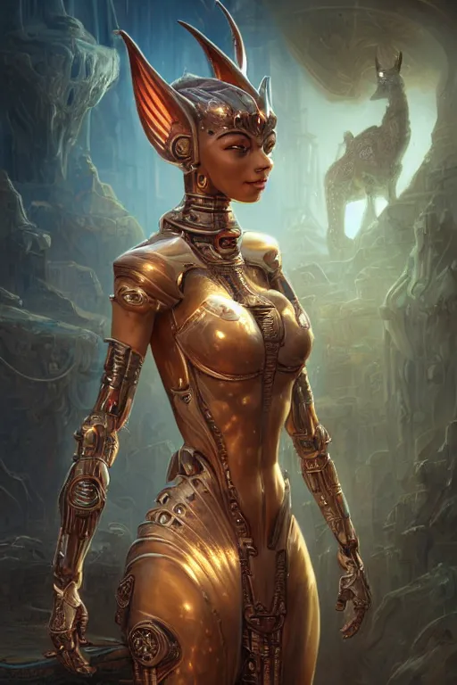 Image similar to portrait of a beautiful female hybrid cybernetic atlantean anubis elsa jean alien warrior, regal, realistic, refined, detailed, digital art, jessica rossier, michael cheval, esao andrews, steampunk, walt disney ( 1 9 3 7 ), francois boucher, oil painting, highly detailed, cinematic lighting, unreal engine, 8 k, hd