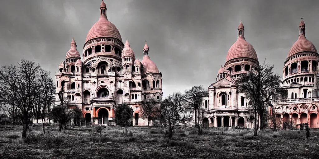 Image similar to the abandoned post-apocalyptic Basilica of Sacré Coeur de Montmartre, toxic orange and pink mist rises from the ground and contrast the white exterior, dark gray skies, stark contrasting lighting, a two-headed mutated deer-like creature looks on in the distance from the sparse twisted silhouetted foliage, a highly detailed matte painting by Zdzislaw Beksinski and Beeple, featured on Artstation