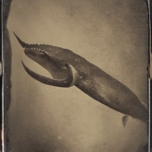 Image similar to tintype photo of underwater giant squid wrapped around a whale