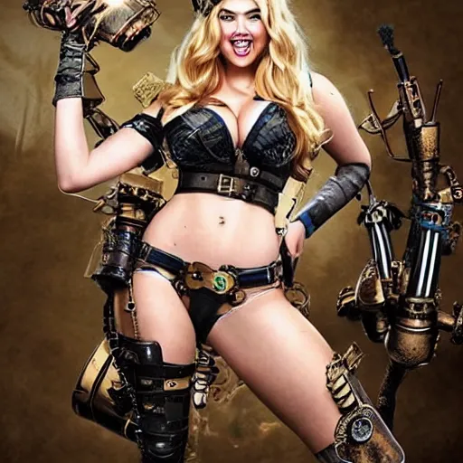 Prompt: long shot photo of kate upton as a steampunk amazon warrior