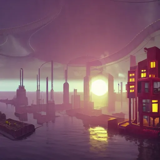 Prompt: Steampunk buildings with the sun shining through the clouds in the sea by Simon Stålenhag and Grant Wood,In style of Retro Futurism Art.hyper detailed,8K Resolution,unreal engine 5,epic lighting,Ray Tracing,highly realistic