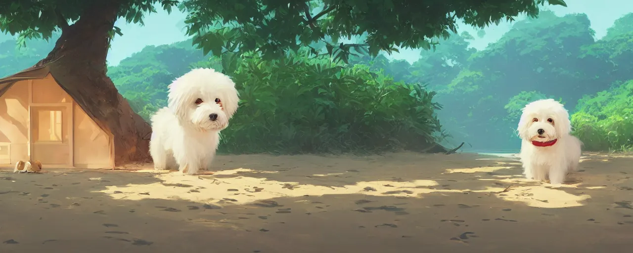 Prompt: a cream - colored havanese dog building a house from leaves and trees at a tropical beach, atey ghailan, goro fujita, studio ghibli, rim light, exquisite lighting, clear focus, very coherent,