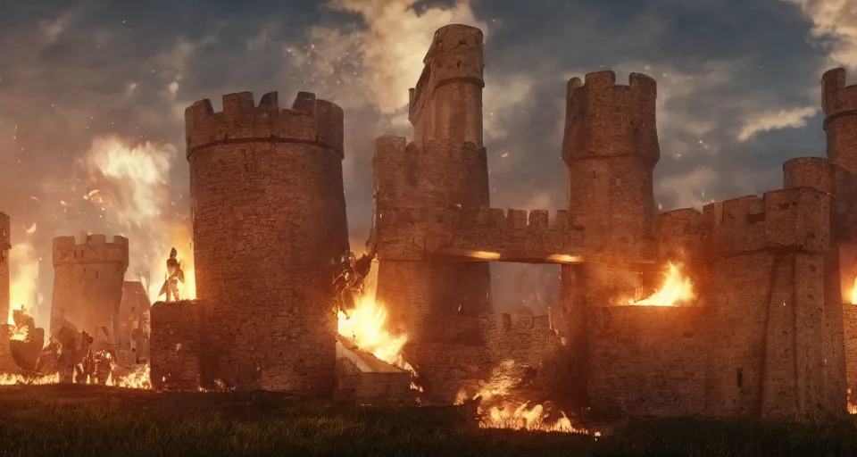 Image similar to five giant and powerful medieval trebuchets fireing on a medieval fortress, destroying the walls, fire and explosion, debris flying around, octane render, unreal engine