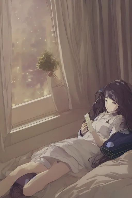 Prompt: a girl in a jk uniform outfit in the bedroom reading a book in a night, raining outside the window, dark and grey theme ， wavy white long hair, by krenz cushart and mucha and akihito yoshida and greg rutkowski and makoto shinkai, detailed eyes, 4 k resolution