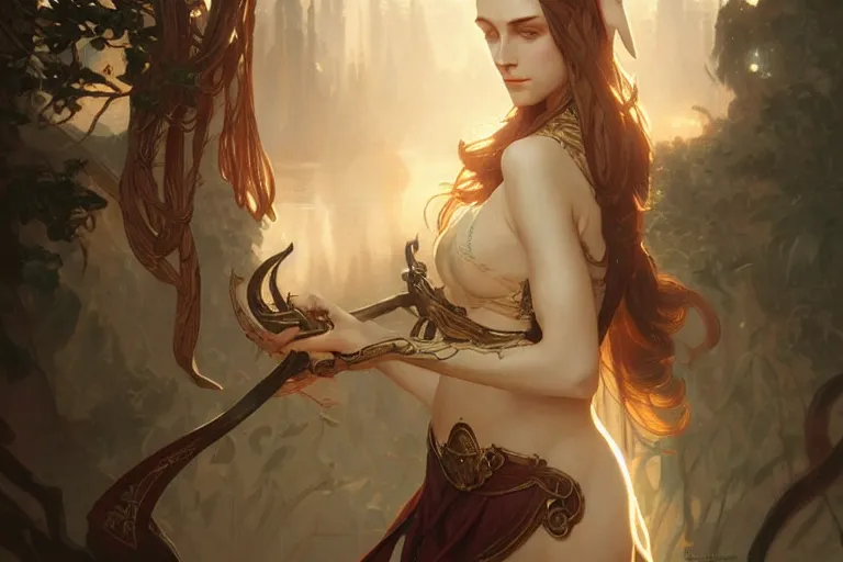 Image similar to the righteous female elf, deep focus, intricate, elegant, highly detailed, digital painting, artstation, concept art, matte, sharp focus, illustration, art by artgerm and greg rutkowski and alphonse mucha