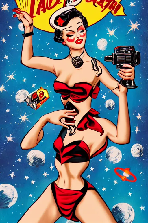 Image similar to old school, traditional style flashes of pinup girl in space holding a lazer pistol by sailor jerry, marina goncharova, vic james, electric martina, heath clifford, filip henningsson, kimi vera