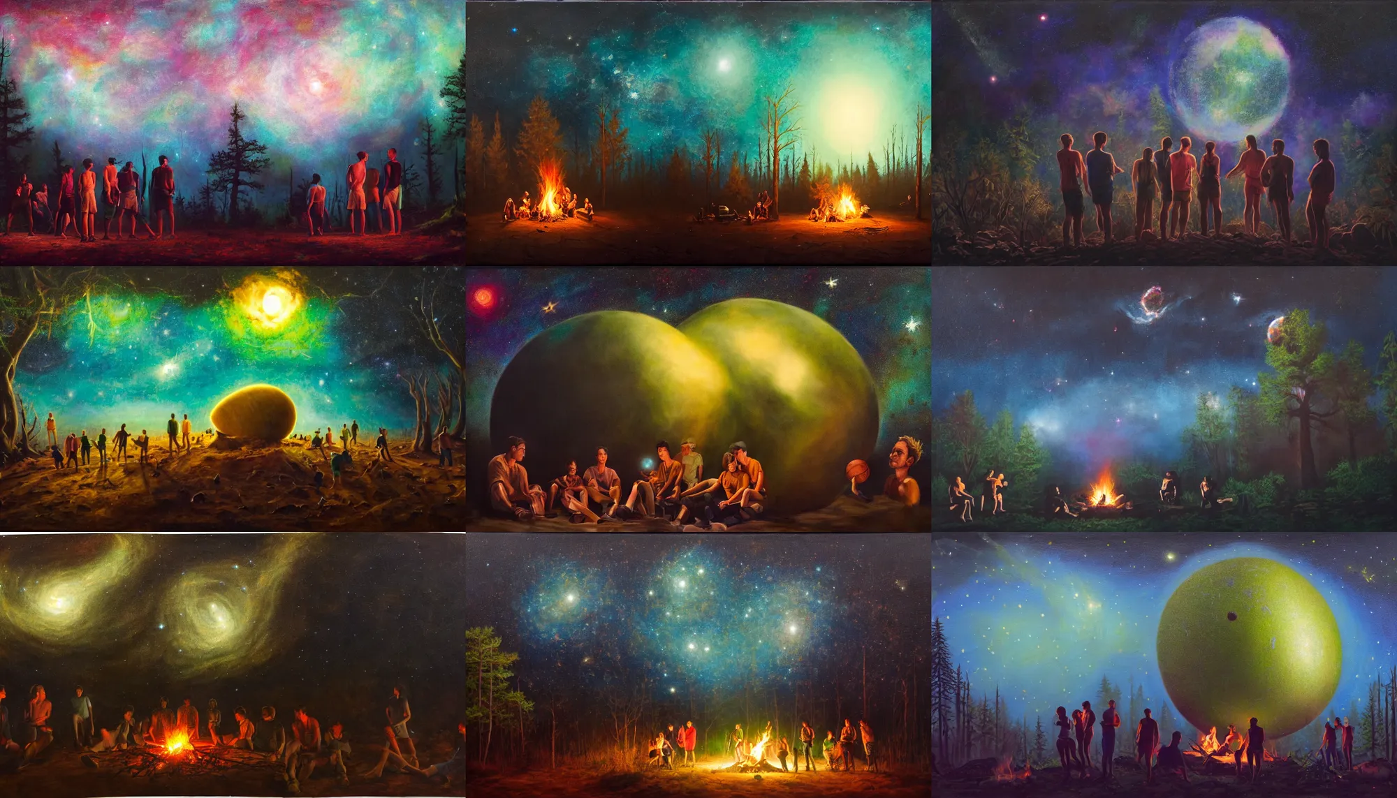 Prompt: a group of friends and a ( ( gigantic basketball ) ) looking at the malignant stars, campfire, dense lush forest at night, horror, stardust, hyperdetailed, 8 k, masterful oil painting using gradients and degrade technique