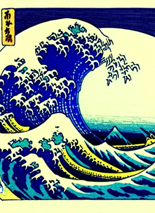 Image similar to a painting of waves in the ocean with mountains in the background, a woodcut by utagawa hiroshige ii, pixiv, ukiyoe, ukiyoe, vaporwave, woodcut