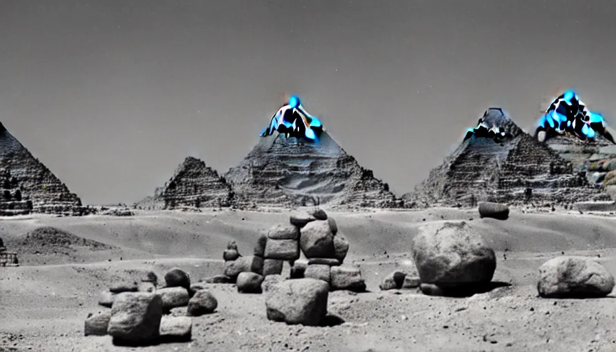 Image similar to aliens lift up big rocks in the foreground. the pyramids are halfway built in the background. archive photo