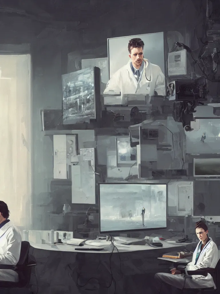 Image similar to a portrait of a researcher in a white coat in front of a computer and screens in a painting from stalenhag, 4 k, 8 k, hdr, artstation