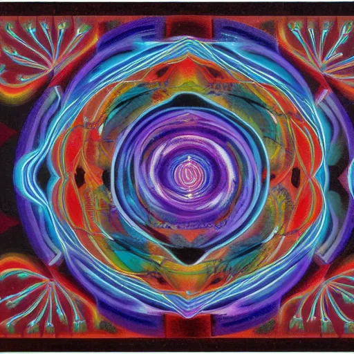 Prompt: A flow of conscious life with activated blossoming chakras centres moving through the infinite dimension beyond time and space showing depth of creation and human life, in a style of indigenous Australian paintings, 8k,