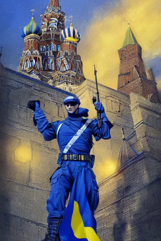 Image similar to special forces soldier raising ukrainian blue and yellow flag, kremlin st. basil cathedral in the background, masculine figure, d & d, fantasy, bright atmosphere, volumetric lights, intricate, elegant, extremely detailed, digital painting, artstation, concept art, matte, smooth, sharp focus, hyper realistic, illustration, art by artgerm and greg rutkowski and alphonse mucha