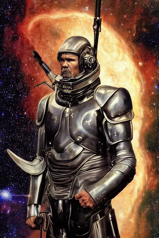 Prompt: portrait of josh brolin as a massive warrior wearing combat scifi leather battle armour, space nebula milky way in background, by norman rockwell