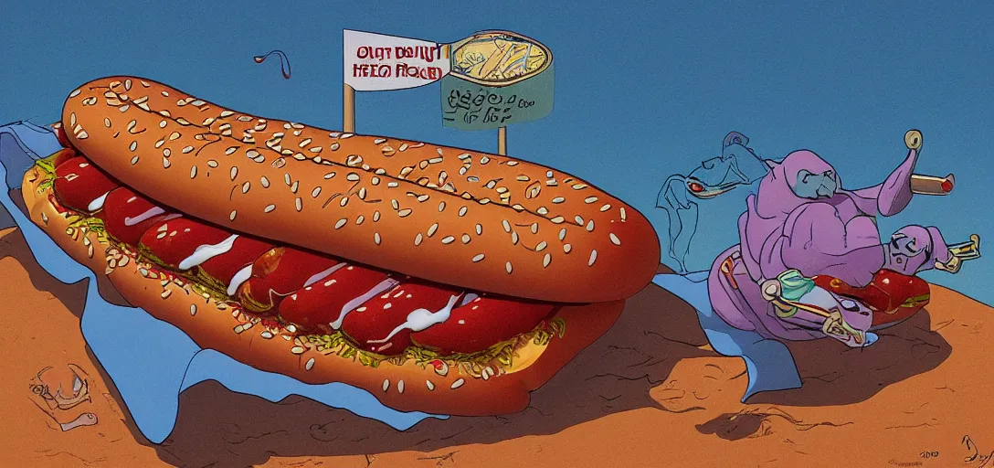 Image similar to an original jean giraud digital art masterpiece of a religious decree prohibiting hotdog buns, hotdogs without buns, discarded hotdog buns