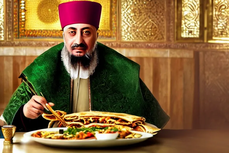 Image similar to Ottoman Sultan Mehmet IV eating shawarma in a restaurant, wearing big ovular turban and a luxurious Ottoman coat, green eyes, super realistic facial features, detailed face, Ottoman Sultanate, cheerful, expressive, photorealistic, hyperrealism, micro details, HDR Shot