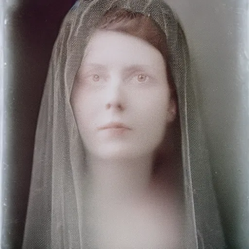 Prompt: sharp focus medium format photo. mid distance portrait of veiled person. colourised glass negative