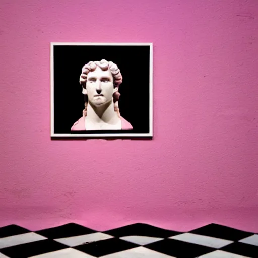 Image similar to a greco - roman marble bust sits on a pink and black checkerboard tile floor, a pink wall in the background with a framed photo of a cityscape at night