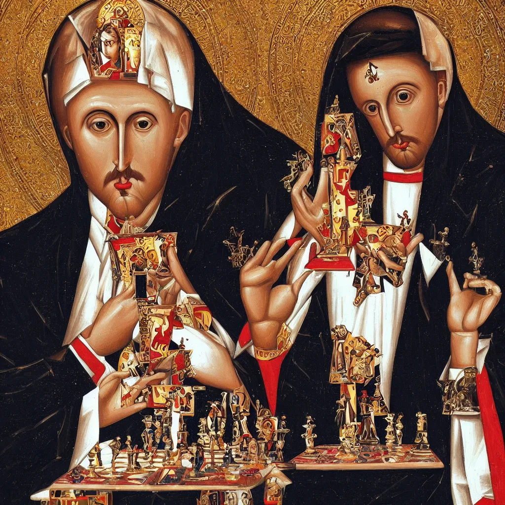 Image similar to Adam Aaron CEO of AMC playing 4D Chess against Evil Shadow Creatures wearing tuxedos. Byzantine icon.